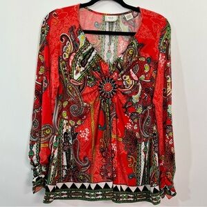 ECI Long Sleeve Red Paisley Print Beaded Low V neck Blouse Sz Small